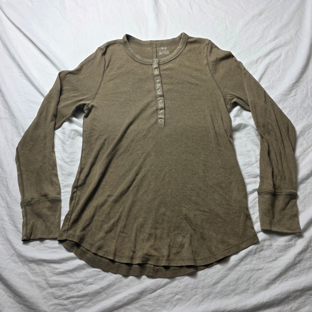 aerie women's shirt henley brown ribbed long sleeve large